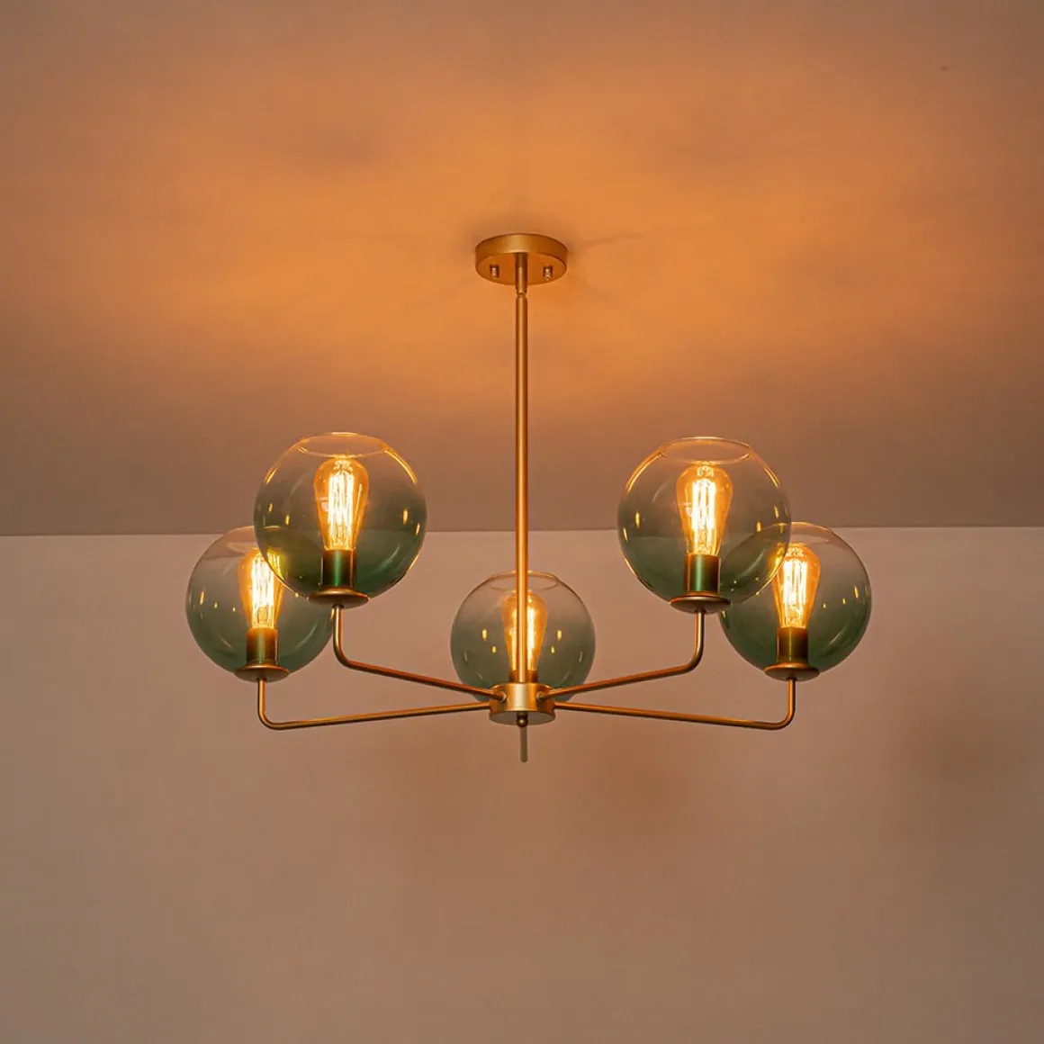 Lake House Green Glass Globe 5-Light Round Sputnik Chandelier