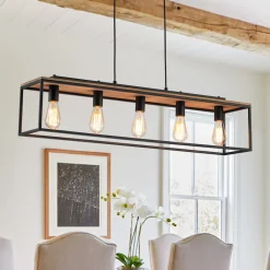 5-Light Aged Oak Iron Rectangle Cage Island Chandelier