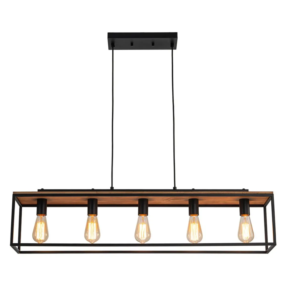 5-Light Aged Oak Iron Rectangle Cage Island Chandelier