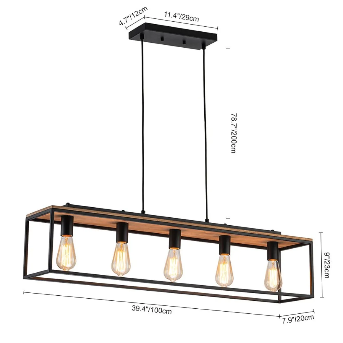 5-Light Aged Oak Iron Rectangle Cage Island Chandelier