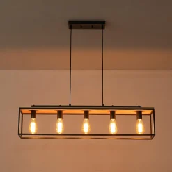 5-Light Aged Oak Iron Rectangle Cage Island Chandelier