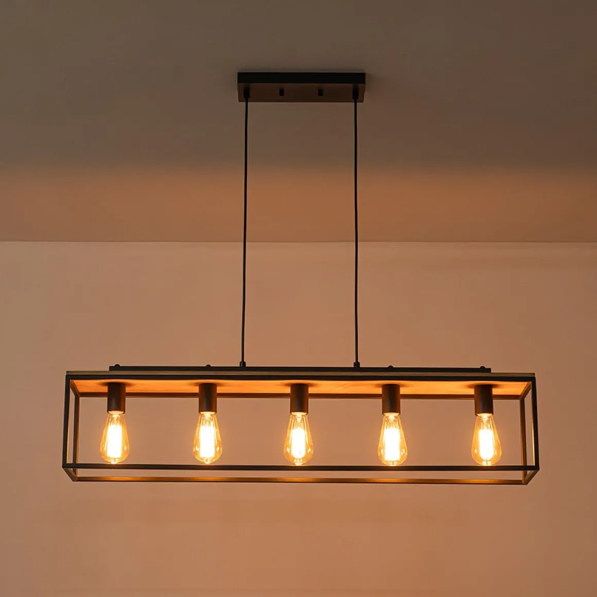 5-Light Aged Oak Iron Rectangle Cage Island Chandelier