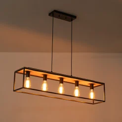 5-Light Aged Oak Iron Rectangle Cage Island Chandelier