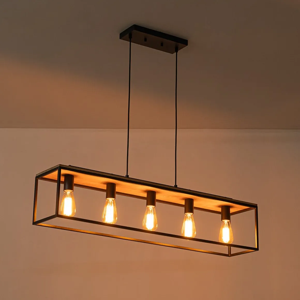 5-Light Aged Oak Iron Rectangle Cage Island Chandelier
