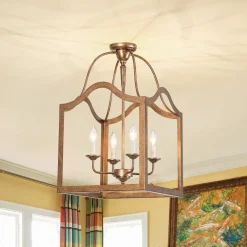 4-light Antique Bronze Candle Square Lantern Semi Flush