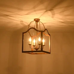 4-light Antique Bronze Candle Square Lantern Semi Flush