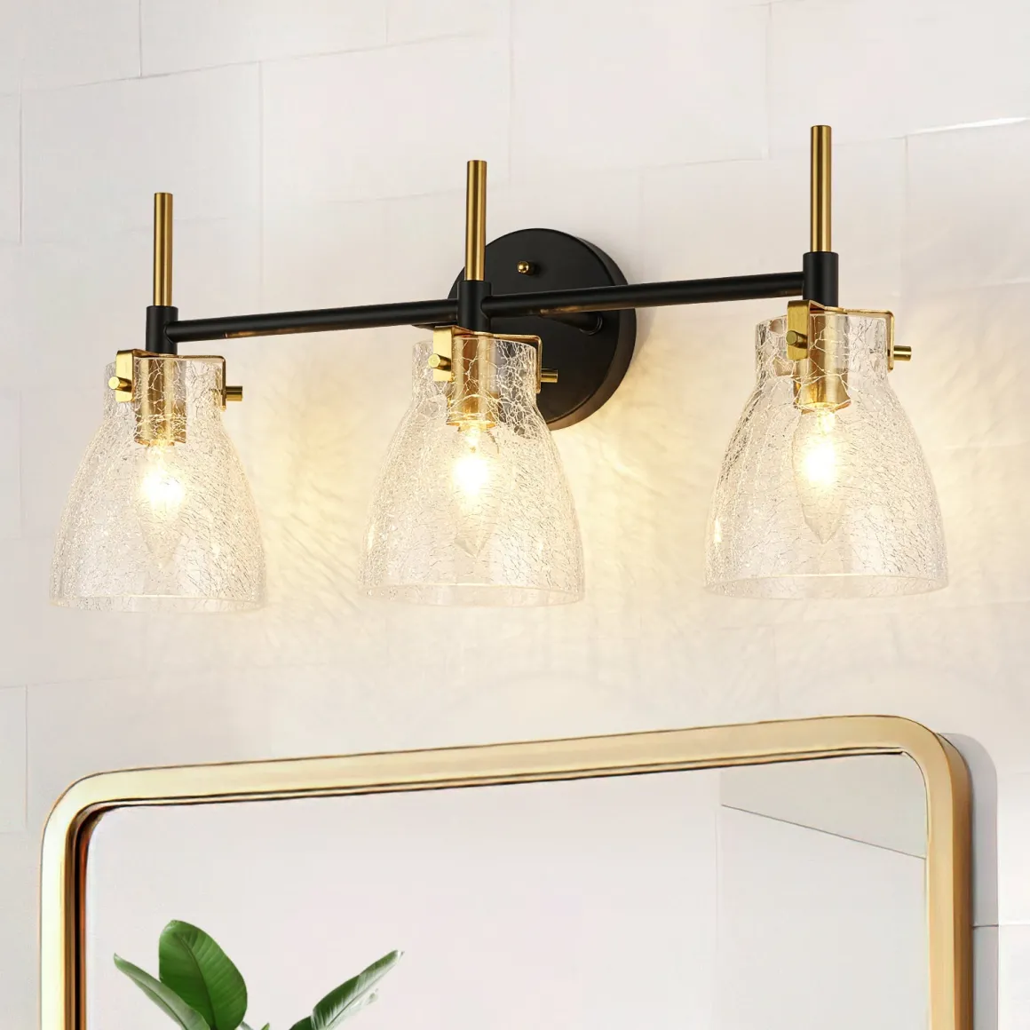3-Light Black Brass Bell Glass Shade Vanity Wall Lamp