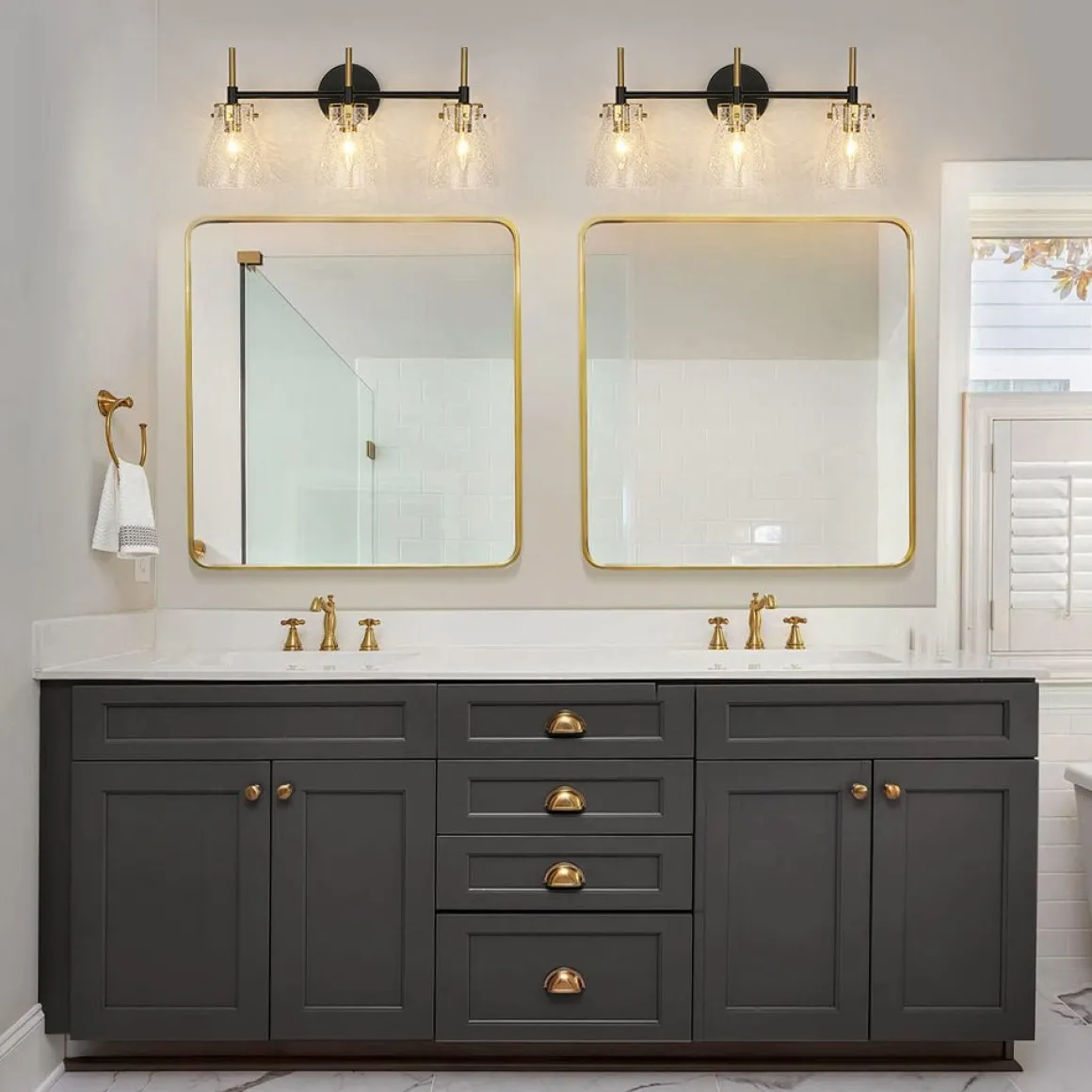 3-Light Black Brass Bell Glass Shade Vanity Wall Lamp