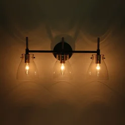 3-Light Black Brass Bell Glass Shade Vanity Wall Lamp
