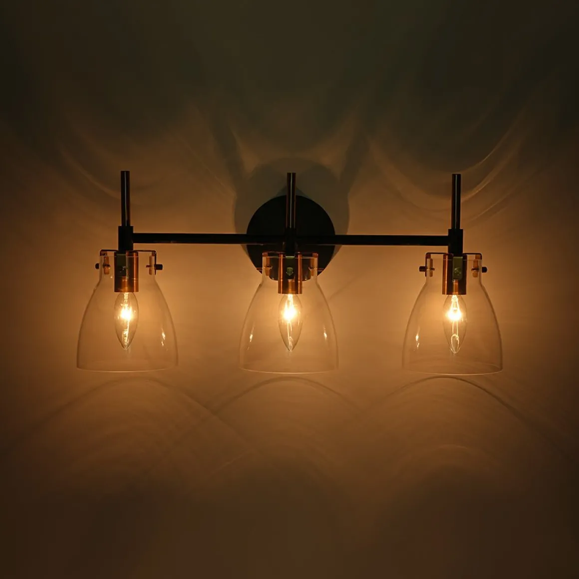 3-Light Black Brass Bell Glass Shade Vanity Wall Lamp