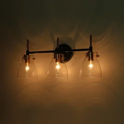 3-Light Black Brass Bell Glass Shade Vanity Wall Lamp