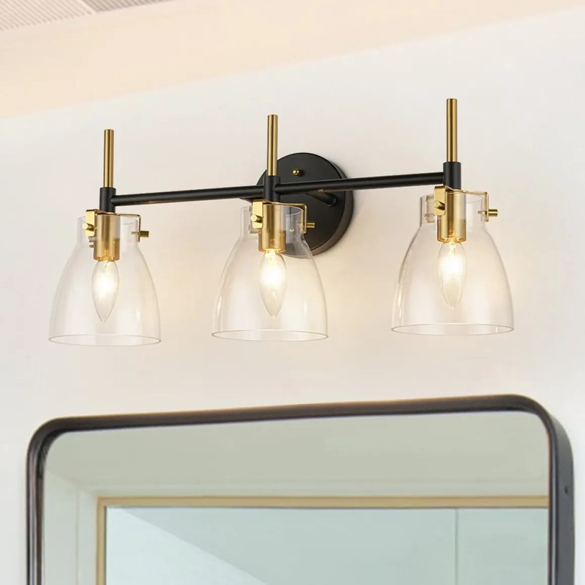 3-Light Black Brass Bell Glass Shade Vanity Wall Lamp