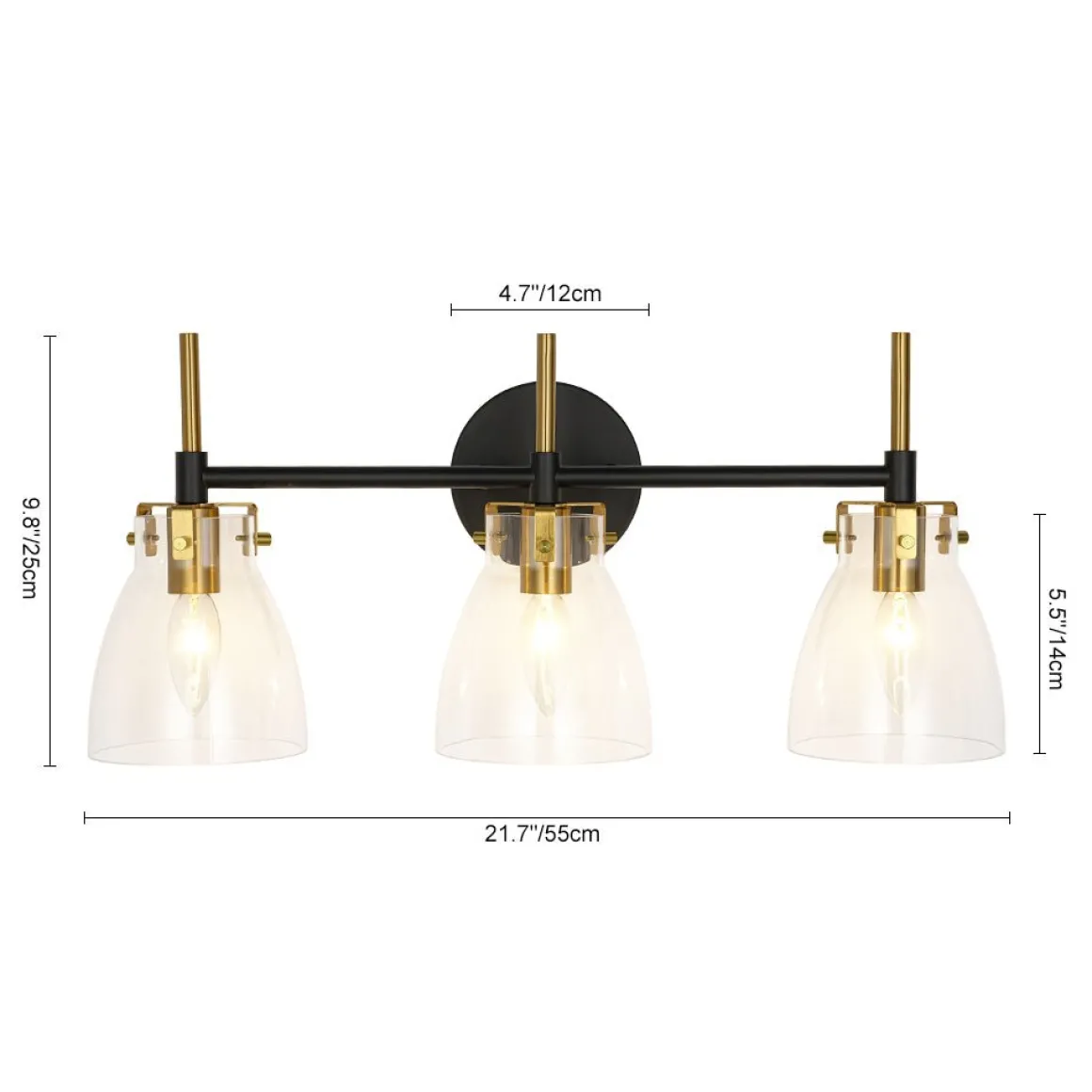 3-Light Black Brass Bell Glass Shade Vanity Wall Lamp