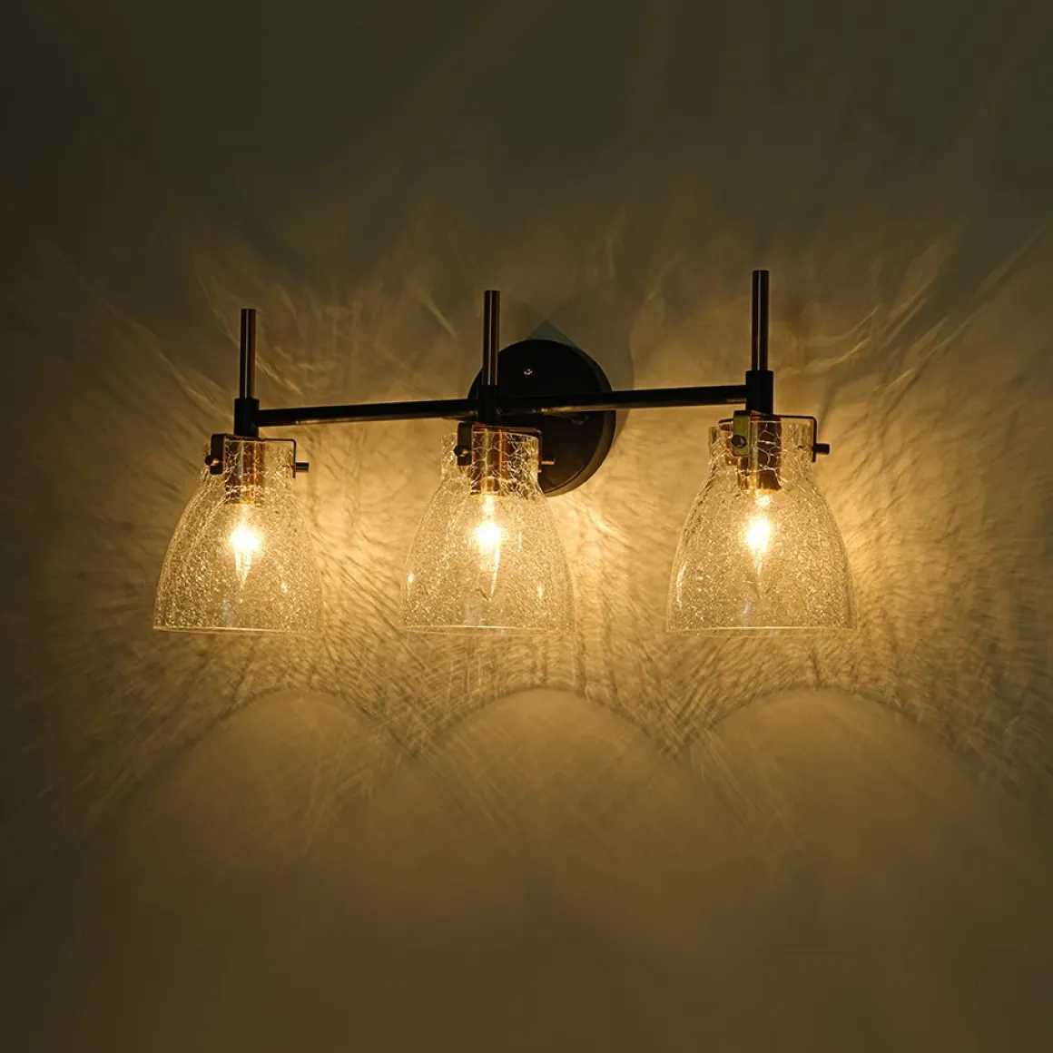 3-Light Black Brass Bell Glass Shade Vanity Wall Lamp