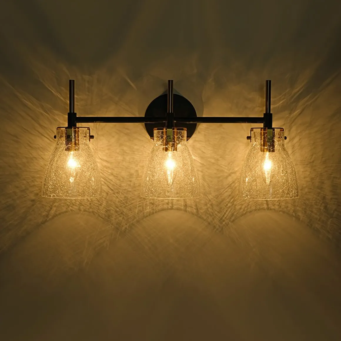 3-Light Black Brass Bell Glass Shade Vanity Wall Lamp