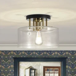 1-Light Black Brass Clear Glass Drum Semi Flush Mount