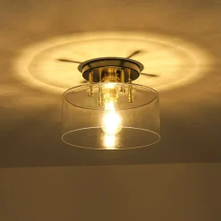 1-Light Black Brass Clear Glass Drum Semi Flush Mount