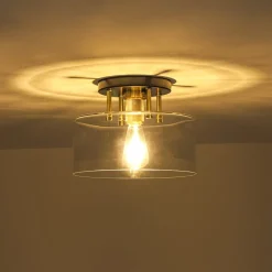 1-Light Black Brass Clear Glass Drum Semi Flush Mount