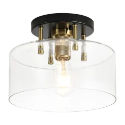 1-Light Black Brass Clear Glass Drum Semi Flush Mount
