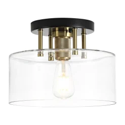 1-Light Black Brass Clear Glass Drum Semi Flush Mount