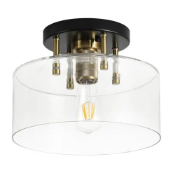 1-Light Black Brass Clear Glass Drum Semi Flush Mount