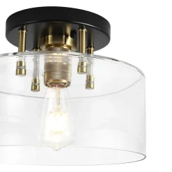 1-Light Black Brass Clear Glass Drum Semi Flush Mount