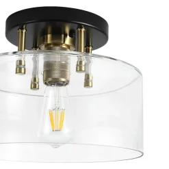 1-Light Black Brass Clear Glass Drum Semi Flush Mount