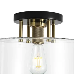 1-Light Black Brass Clear Glass Drum Semi Flush Mount