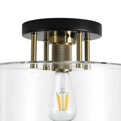 1-Light Black Brass Clear Glass Drum Semi Flush Mount