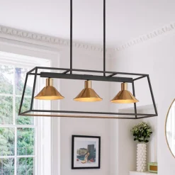 3-Light Black Brass Rectangle Cage Island Chandelier