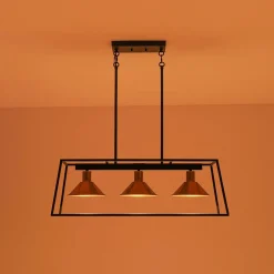 3-Light Black Brass Rectangle Cage Island Chandelier