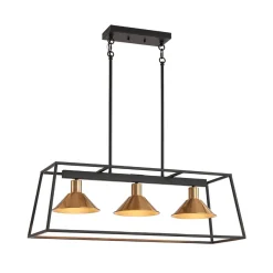 3-Light Black Brass Rectangle Cage Island Chandelier