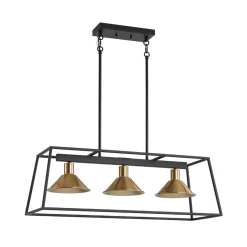 3-Light Black Brass Rectangle Cage Island Chandelier