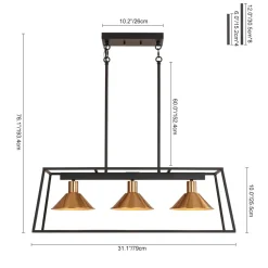 3-Light Black Brass Rectangle Cage Island Chandelier