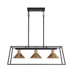 3-Light Black Brass Rectangle Cage Island Chandelier
