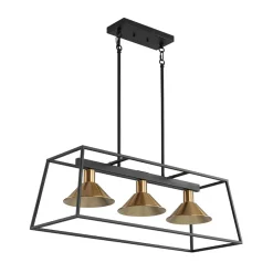 3-Light Black Brass Rectangle Cage Island Chandelier