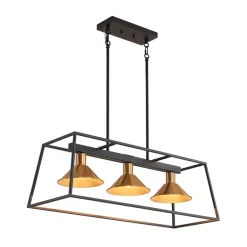 3-Light Black Brass Rectangle Cage Island Chandelier