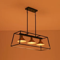 3-Light Black Brass Rectangle Cage Island Chandelier
