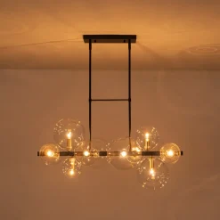 12-Light Black Brass Sputnik Glass Bubble Linear Island Pendant