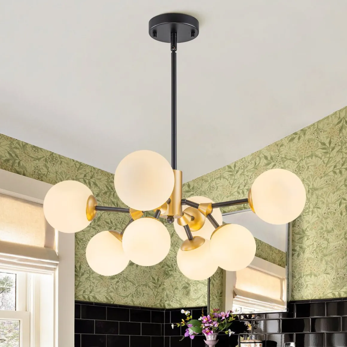8-Light Black Brass White Glass Globe Round Sputnik Chandelier