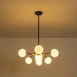 8-Light Black Brass White Glass Globe Round Sputnik Chandelier