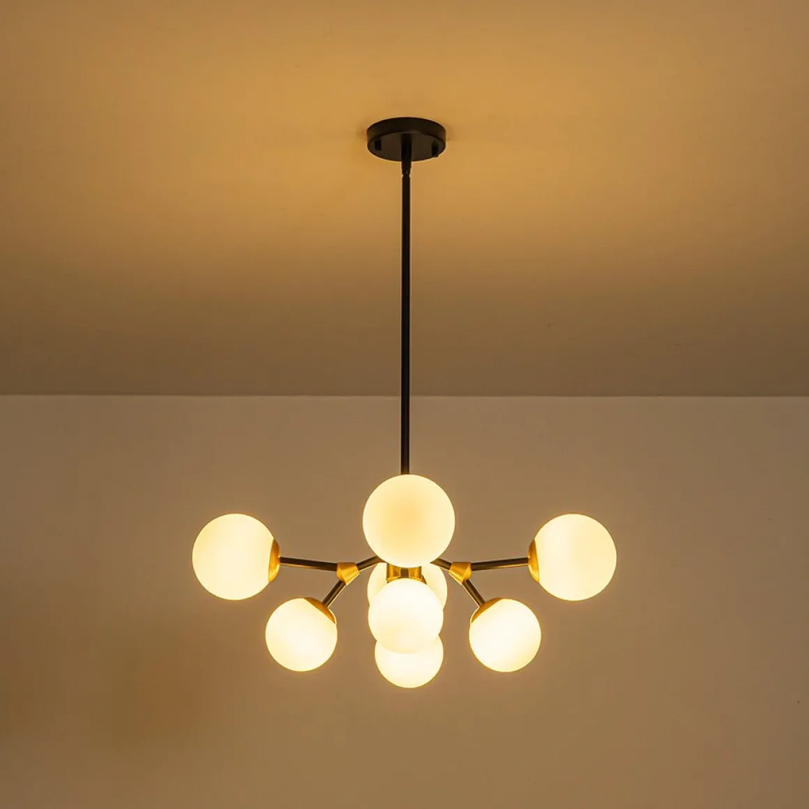 8-Light Black Brass White Glass Globe Round Sputnik Chandelier