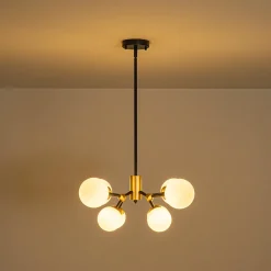 8-Light Black Brass White Glass Globe Round Sputnik Chandelier