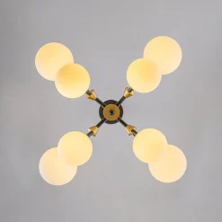 8-Light Black Brass White Glass Globe Round Sputnik Chandelier