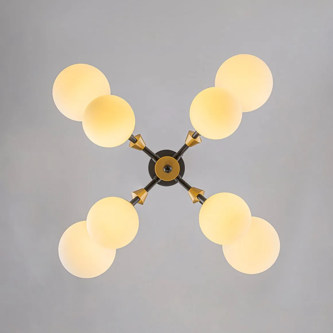 8-Light Black Brass White Glass Globe Round Sputnik Chandelier