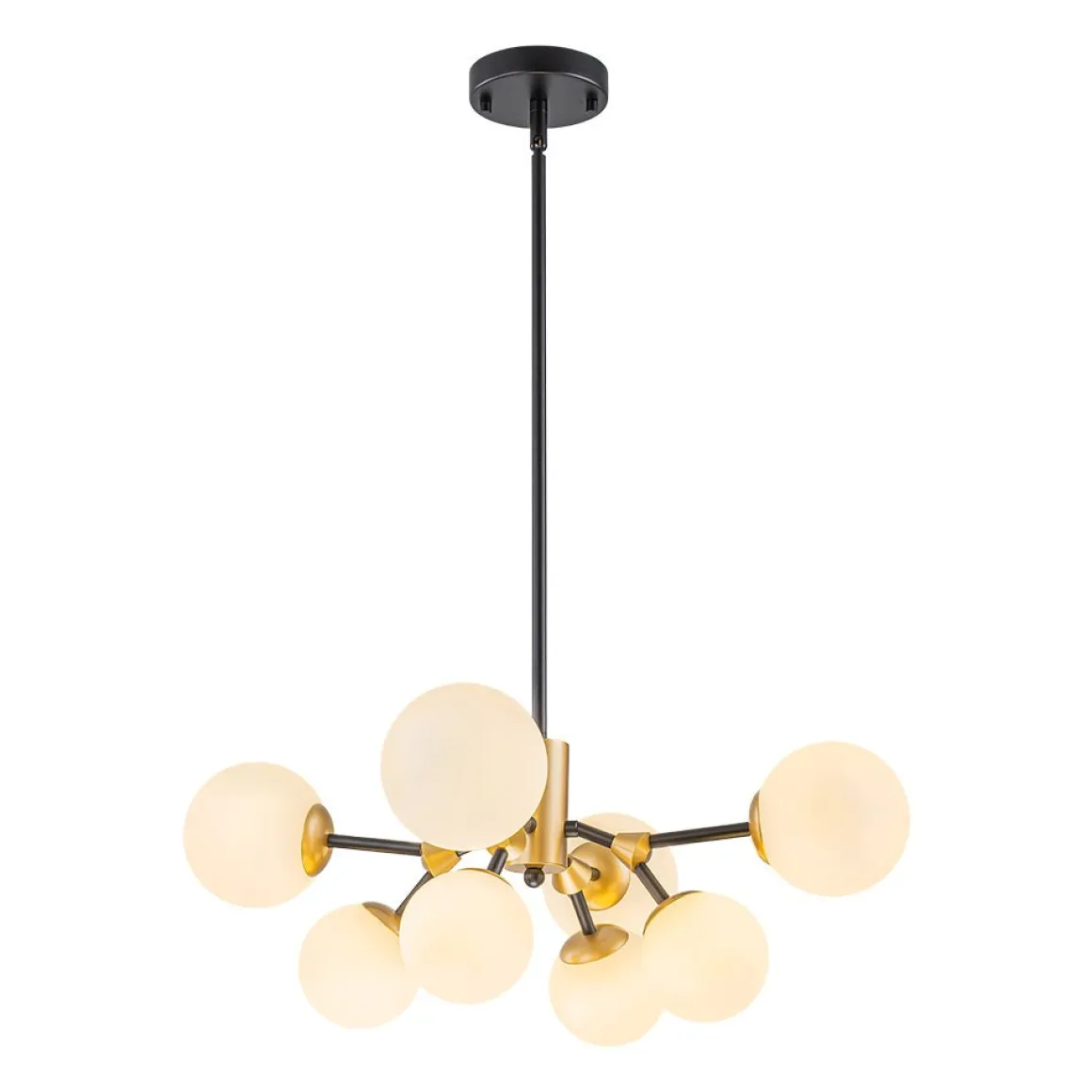 8-Light Black Brass White Glass Globe Round Sputnik Chandelier