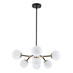 8-Light Black Brass White Glass Globe Round Sputnik Chandelier