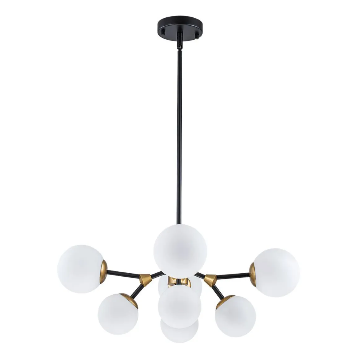 8-Light Black Brass White Glass Globe Round Sputnik Chandelier