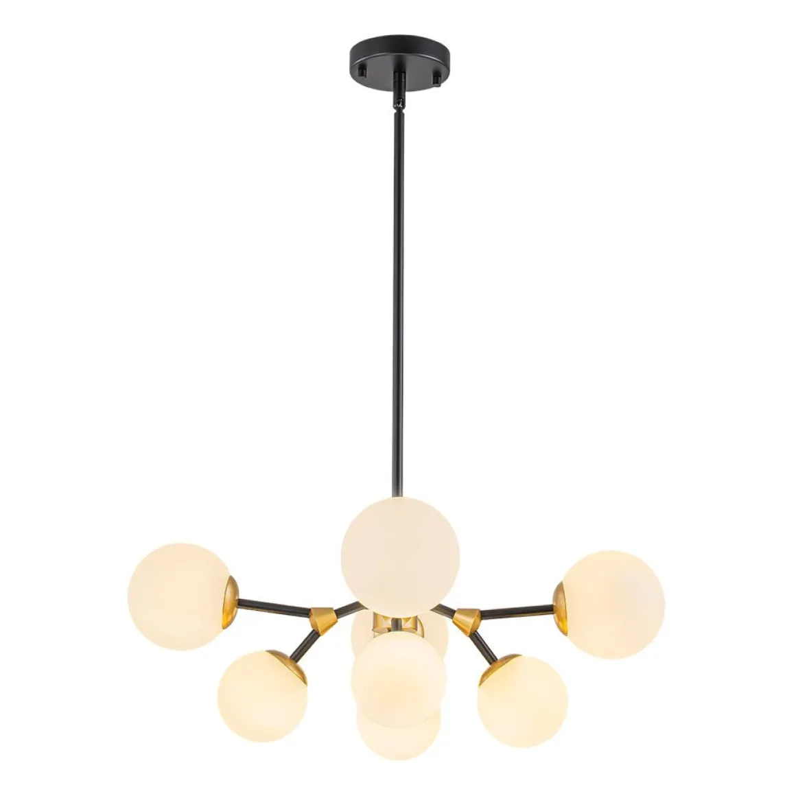 8-Light Black Brass White Glass Globe Round Sputnik Chandelier