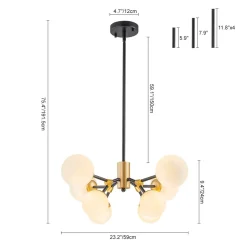 8-Light Black Brass White Glass Globe Round Sputnik Chandelier
